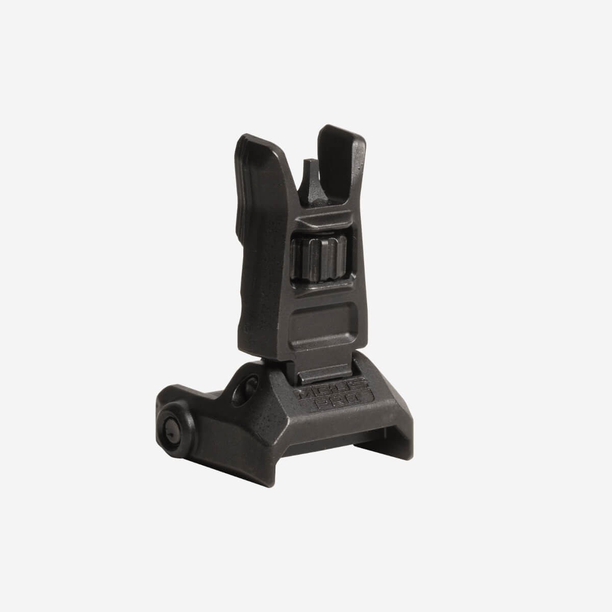 Photograph of a black, foldable front iron sight for a firearm, designed for mounting on a rail system. The sight features a protective hood, an adjustable aperture, and a sturdy base with a locking mechanism.
