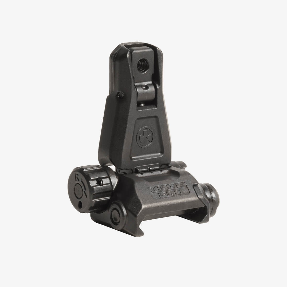 Photograph of a black tactical rear iron sight designed for firearms, featuring an adjustable knob marked with "R" for right windage correction and a flip-up aperture. The sight has a compact, angular design with engraved branding and a mounting base for attachment to a rail system.