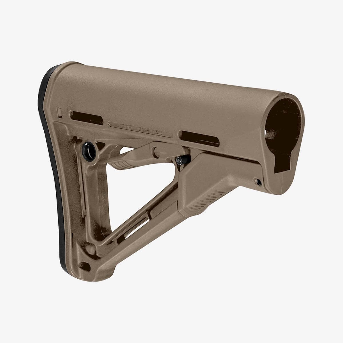 Photograph of a flat dark earth brown adjustable rifle stock shown from the side against a plain white background. The stock features a lever adjustable mechanism, metal pin, and textured surface designed for firearm customization and stability.