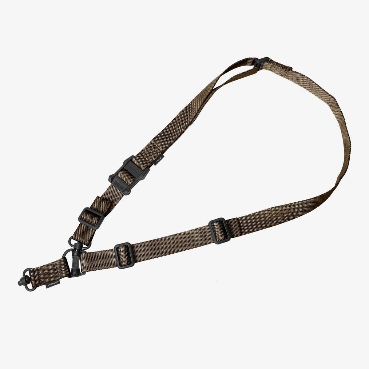 Photograph of an adjustable brown tactical sling designed for carrying firearms or equipment. Features include polymer buckles, QPQ metal clips, and multiple adjustment points for customized fit and secure attachment.