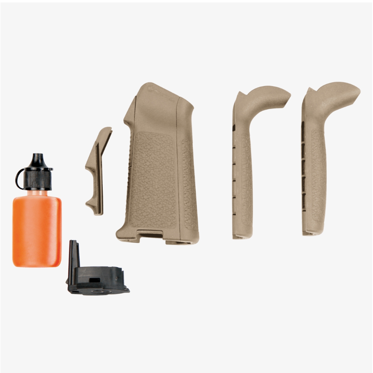 Photograph showing disassembled parts of a firearm grip kit, including a textured tan grip, two backstraps of different sizes, a small orange bottle, and black grip cap components. Components are arranged in a row on a white background, highlighting customization options for grip size and ergonomic fit.
