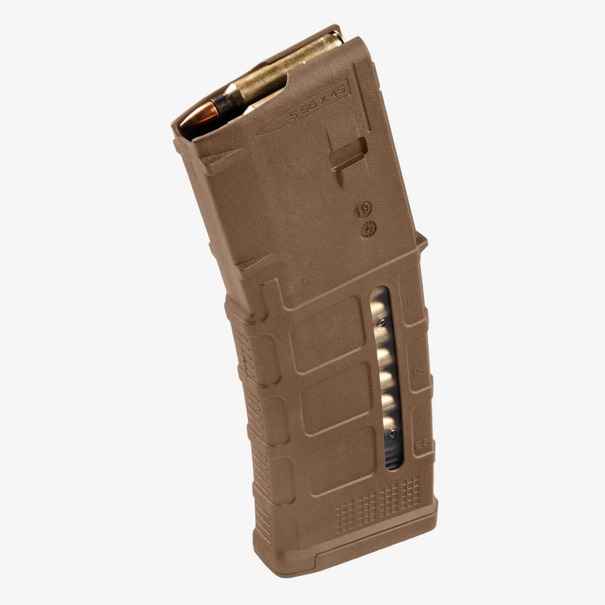 Photograph of a Medium Coyote Tan polymer rifle magazine loaded with brass-colored bullets, showing a visible round at the top and a transparent window displaying remaining ammunition. The magazine features textured grip patterns and embossed markings, indicating caliber and manufacturer details.