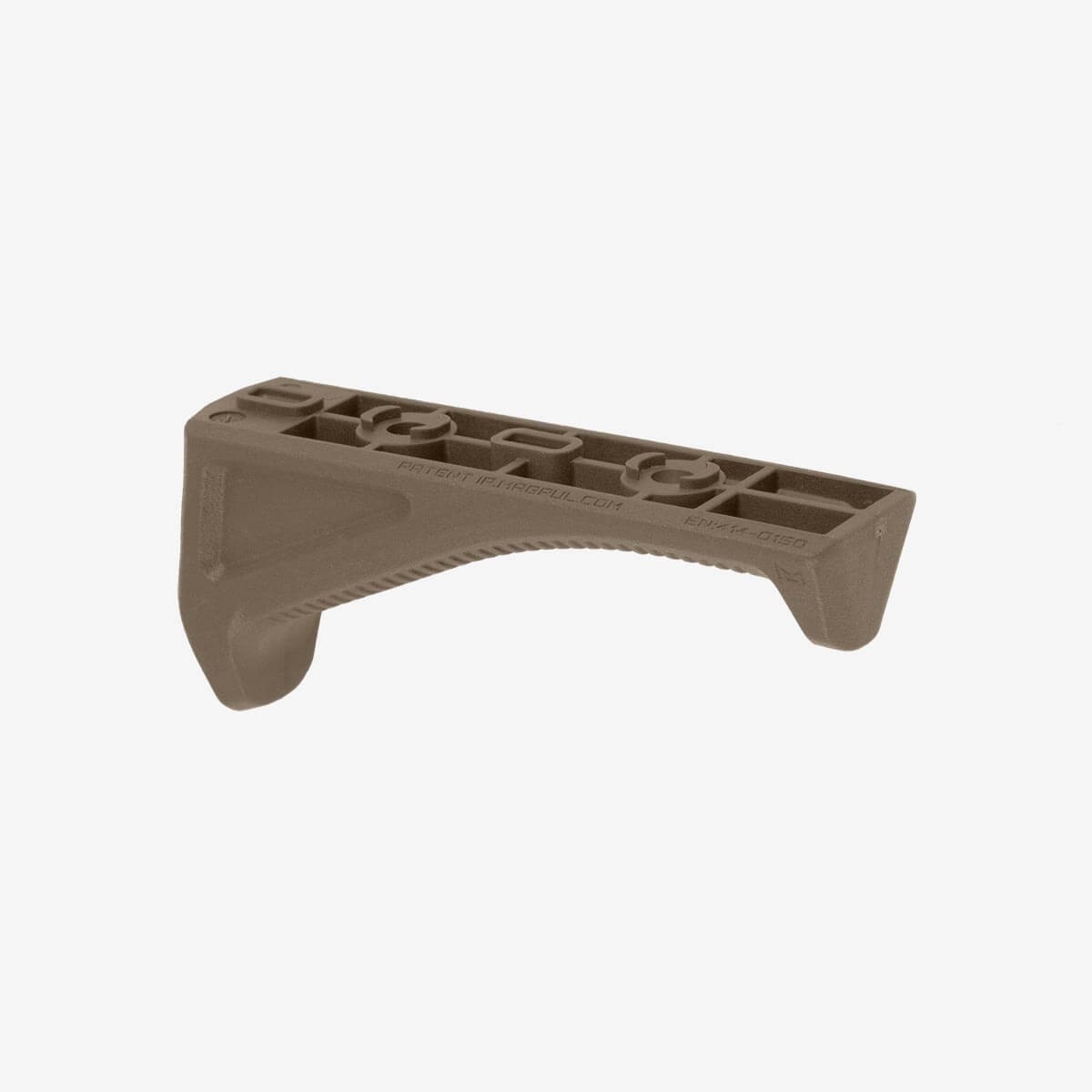 Photograph of a brown angled polymer angled fore grip with a hollow reinforced grid structure and rounded edges, designed for mounting using M-LOK for support hand stability. The bracket features embossed text and numbers on its top surface, indicating manufacturing details and intellectual property.