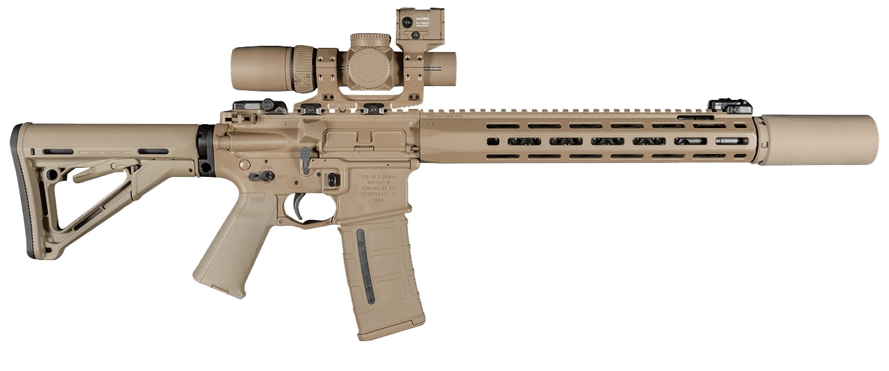 Photograph of a coyote tan colored tactical rifle equipped with a Vortex scope, suppressor, and Magpul adjustable stock. The rifle features a modular handguard with multiple attachment points and a detachable magazine.