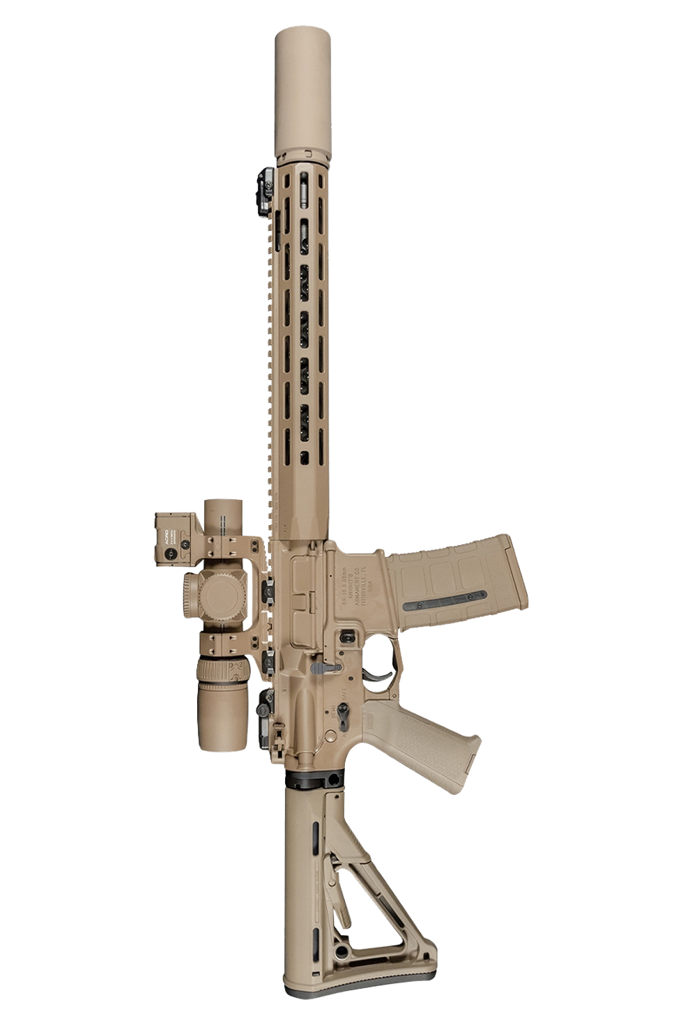 Vertical photograph of a coyote tan AR15 style rifle shown from a side view against a white background. Features include a coyote tan adjustable stock, pistol grip, magazine, mounted optics, backup sights, and a suppressor.