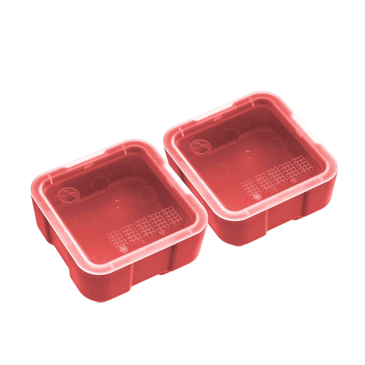 Two red Magpul DAKA Bins (2x2, MAG1390) with clear, semi-transparent lids shown on a solid white background.