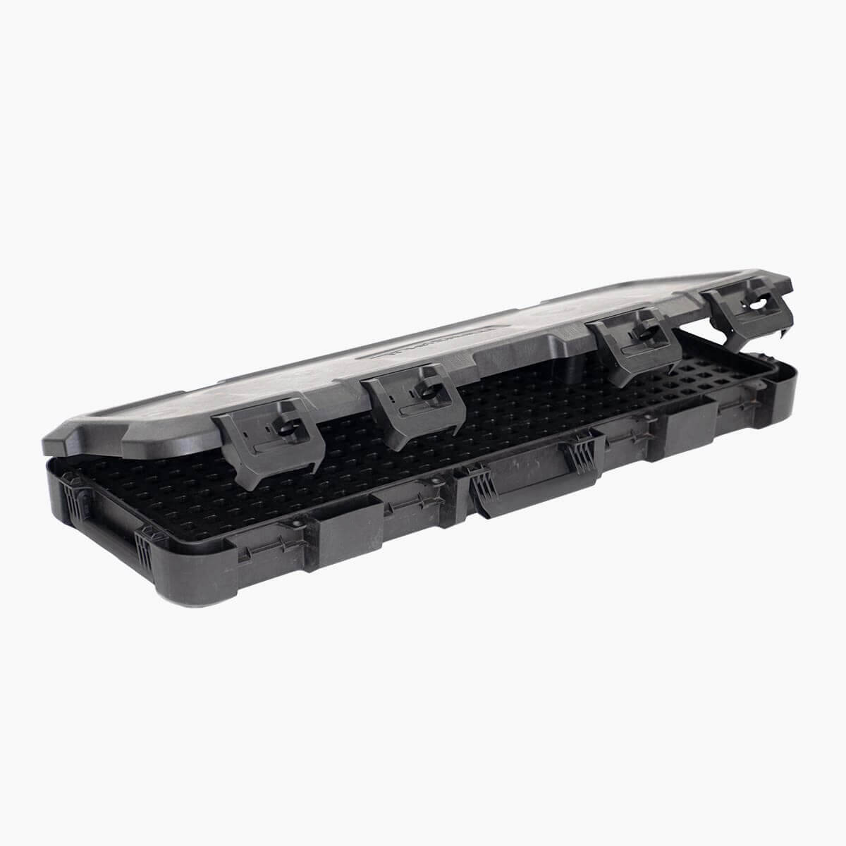 Angled studio shot of a black Magpul DAKA Hard Case LR53 slightly open to reveal the internal GRID Organizer panel.