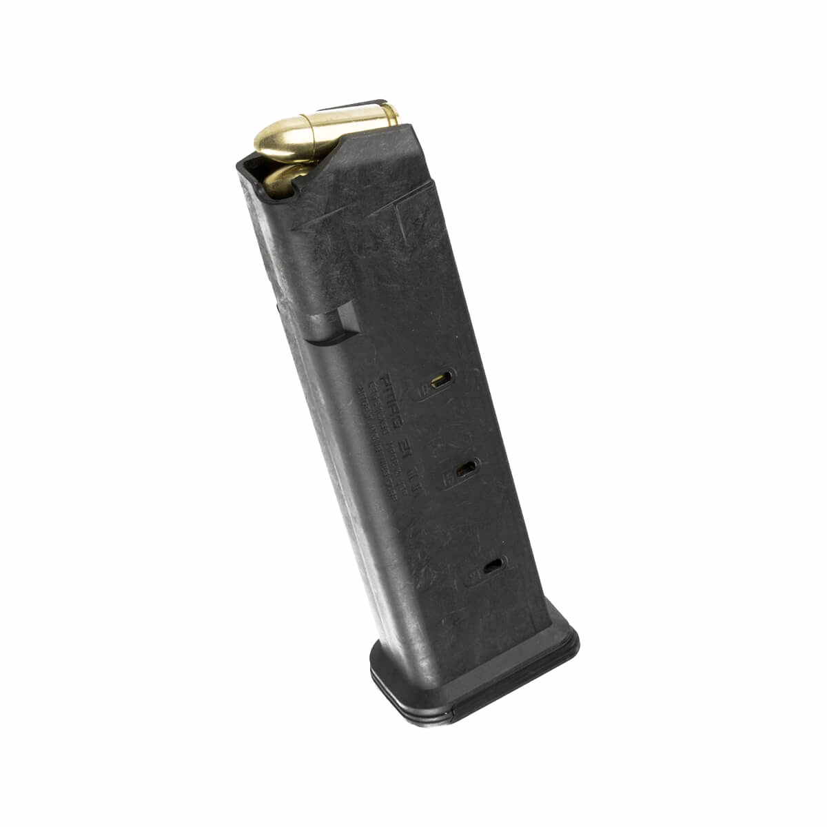 Magpul PMAG 21 GL9 9mm Glock magazine loaded with ammunition on a white background.