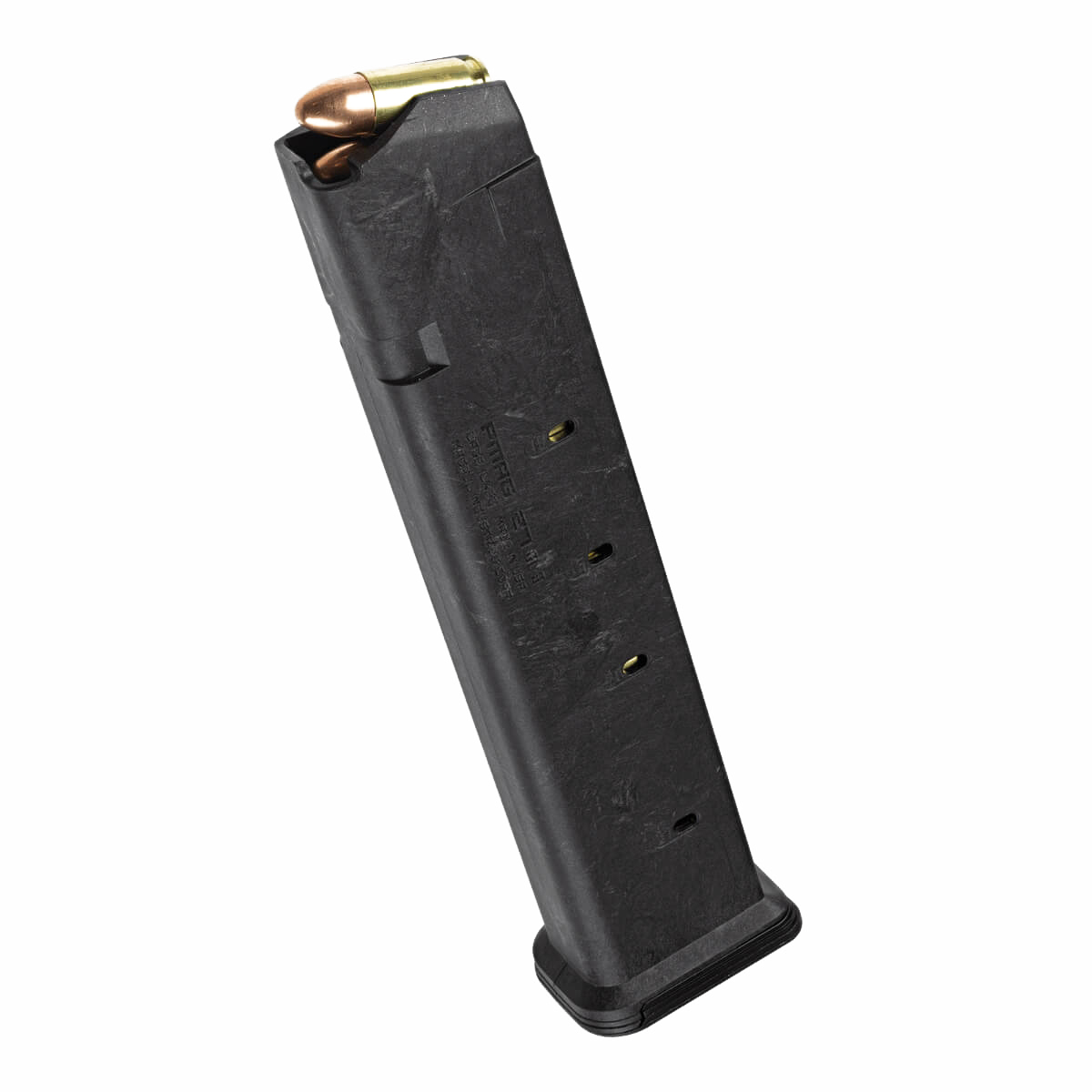 Magpul PMAG 27 GL9 9mm Glock magazine loaded with ammunition on a white background.