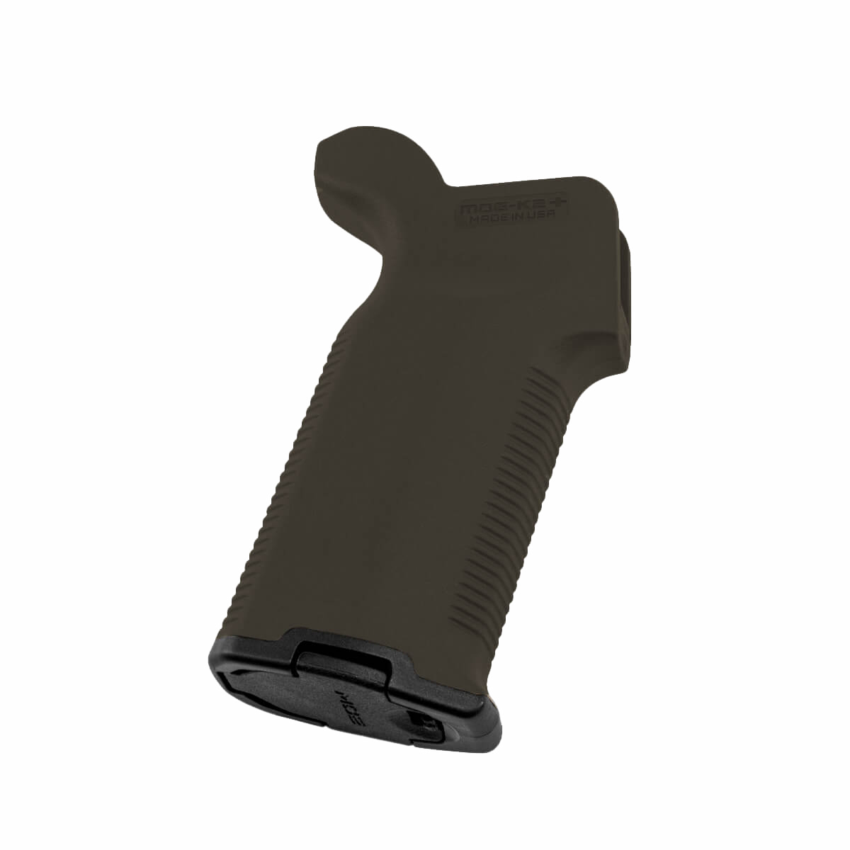 Isolated view of an olive drab green Magpul MOE-K2 Plus pistol grip for an AR15 or M4 rifle platform featuring a textured rubber overmolding and a storage core bottom cap.